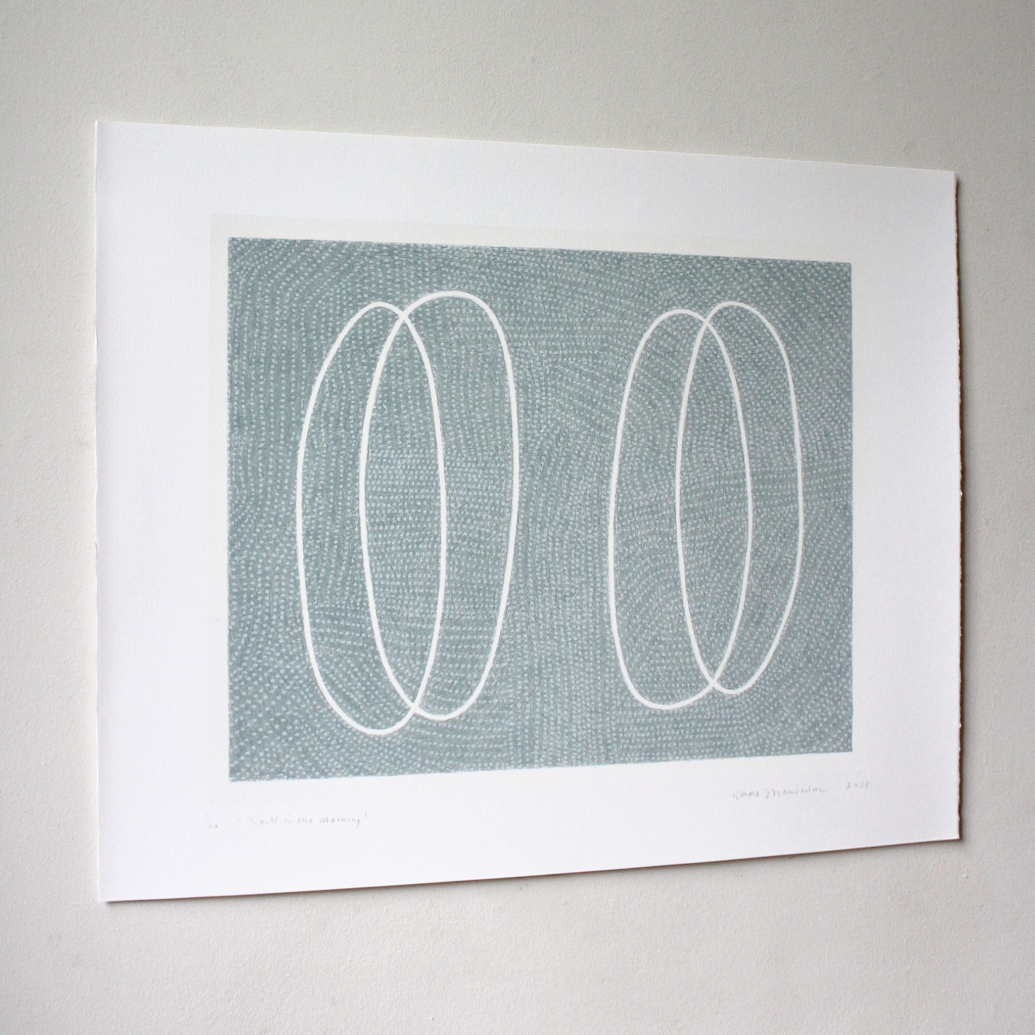 Blue / Grey minimal abstract screenprint. Curves and dots. Drawing ...